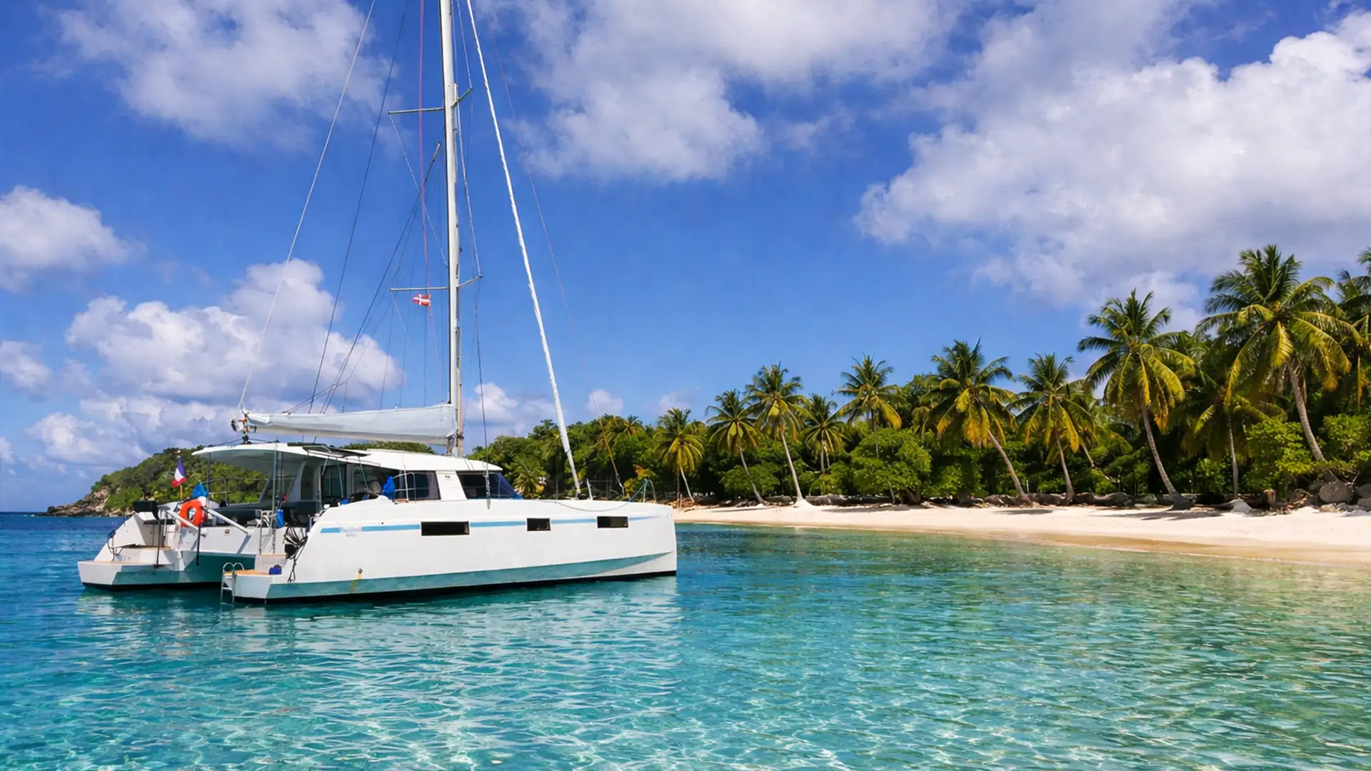 Catamaran ancré dans le lagon turquoise de la Guadeloupe, excursion à la journée à Petite-Terre ou Marie-Galante avec baignade en eau claire et plage de sable bordée de cocotiers.