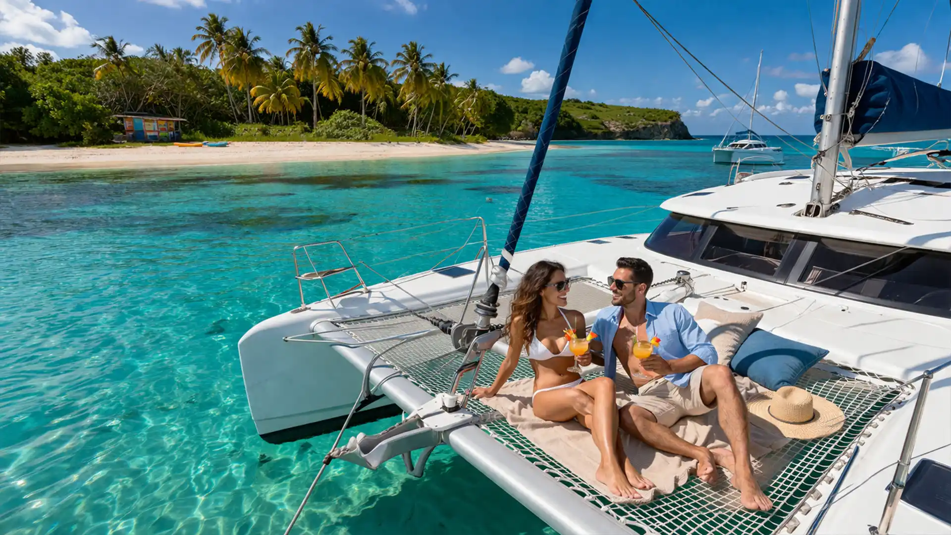 Couple profitant d’un catamaran privatisé en Guadeloupe sur une eau turquoise près d’une plage tropicale bordée de cocotiers