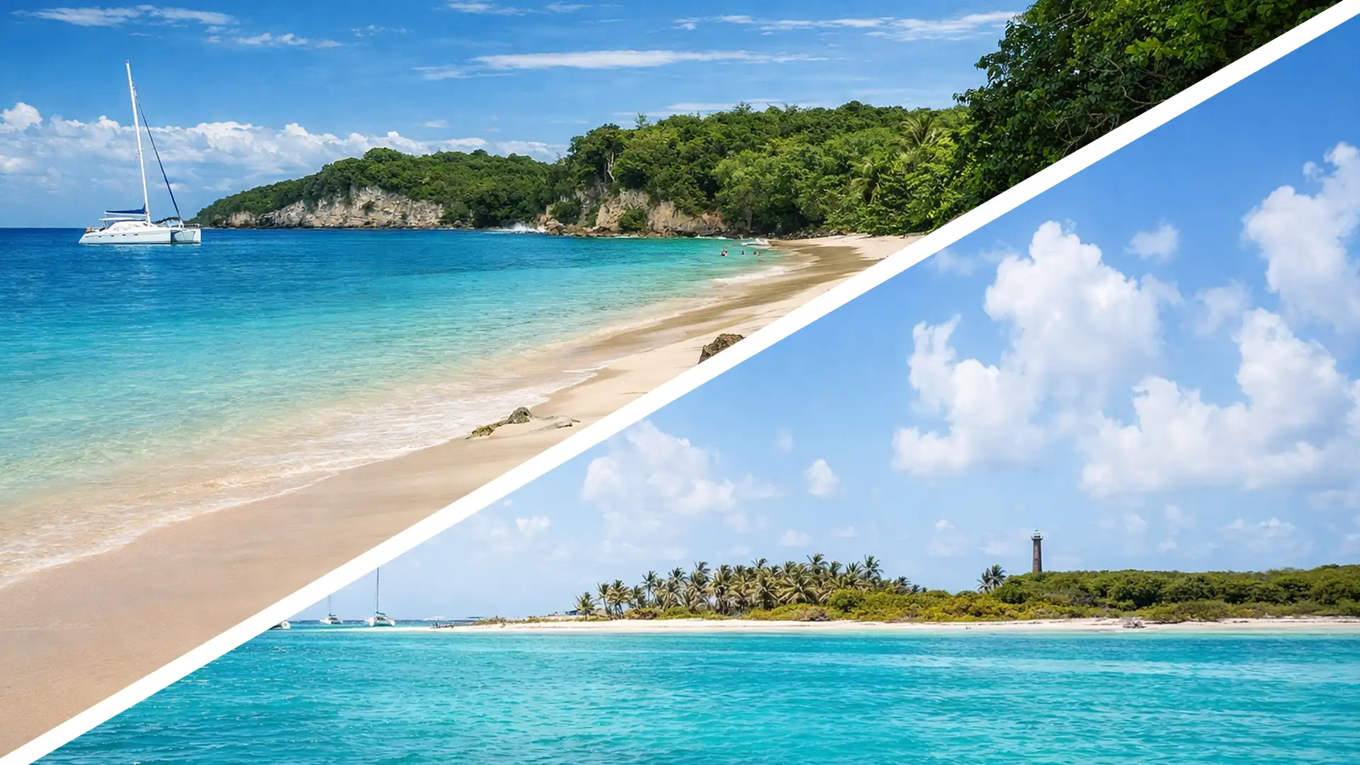 Plage paradisiaque de Guadeloupe avec eau turquoise, voilier au mouillage et îlet tropical bordé de cocotiers lors d’une croisière de 3 jours