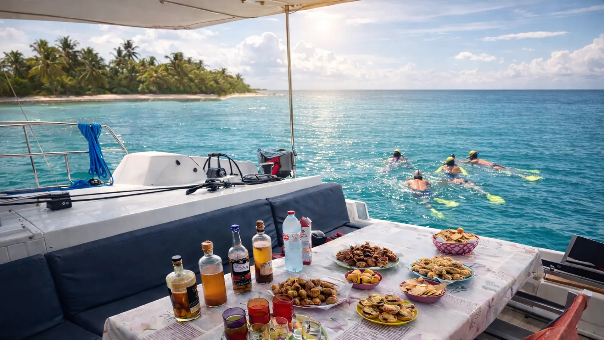 Table conviviale dressée à bord d’un catamaran privatisé lors d’une excursion à la journée vers Petite-Terre ou Marie-Galante, avec apéritif, plats créoles et vue sur une eau turquoise des Caraïbes