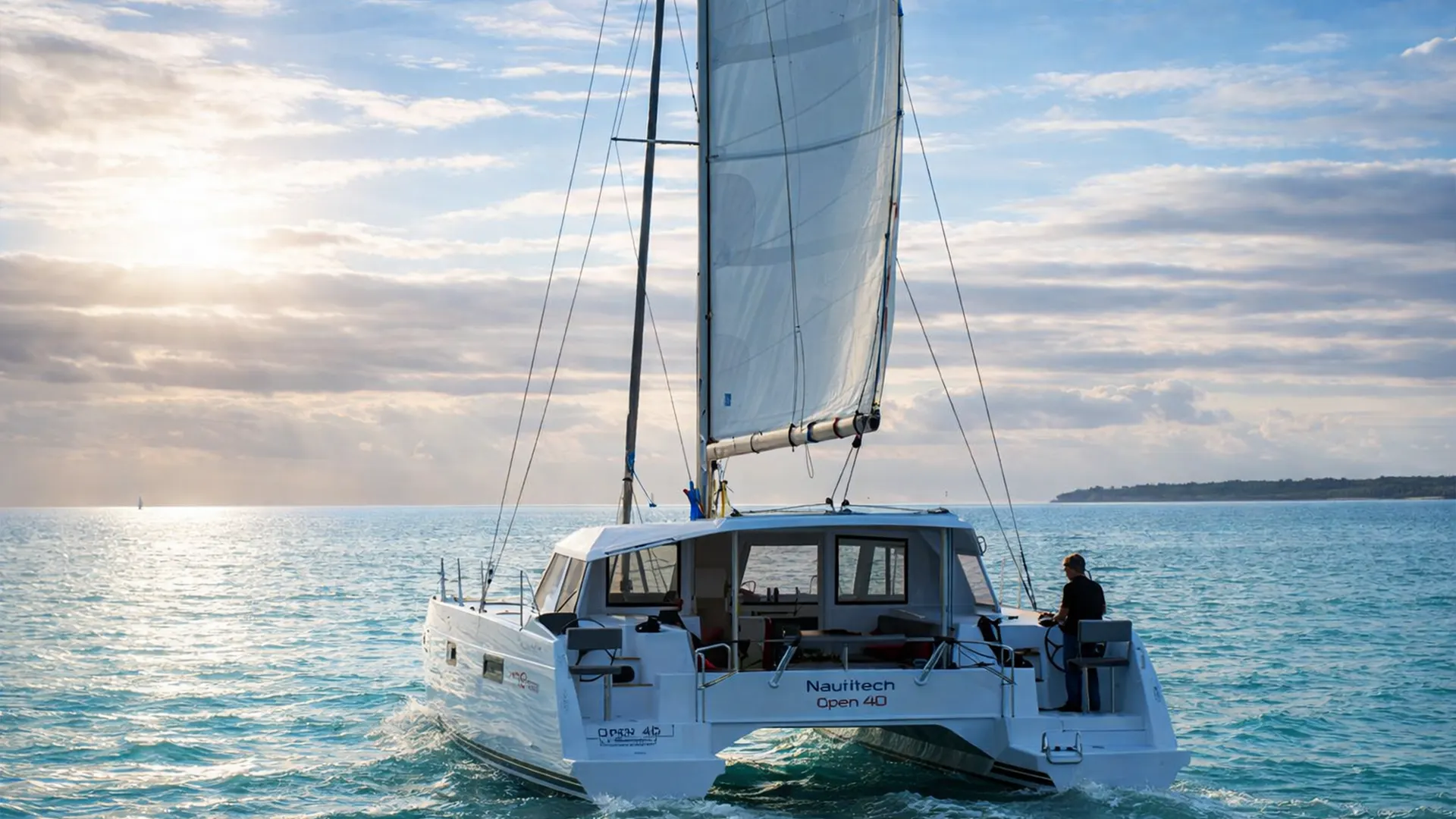 Catamaran naviguant au large de la Guadeloupe lors d’une excursion ou mini-croisière, avec voiles déployées sur une mer turquoise des Caraïbes