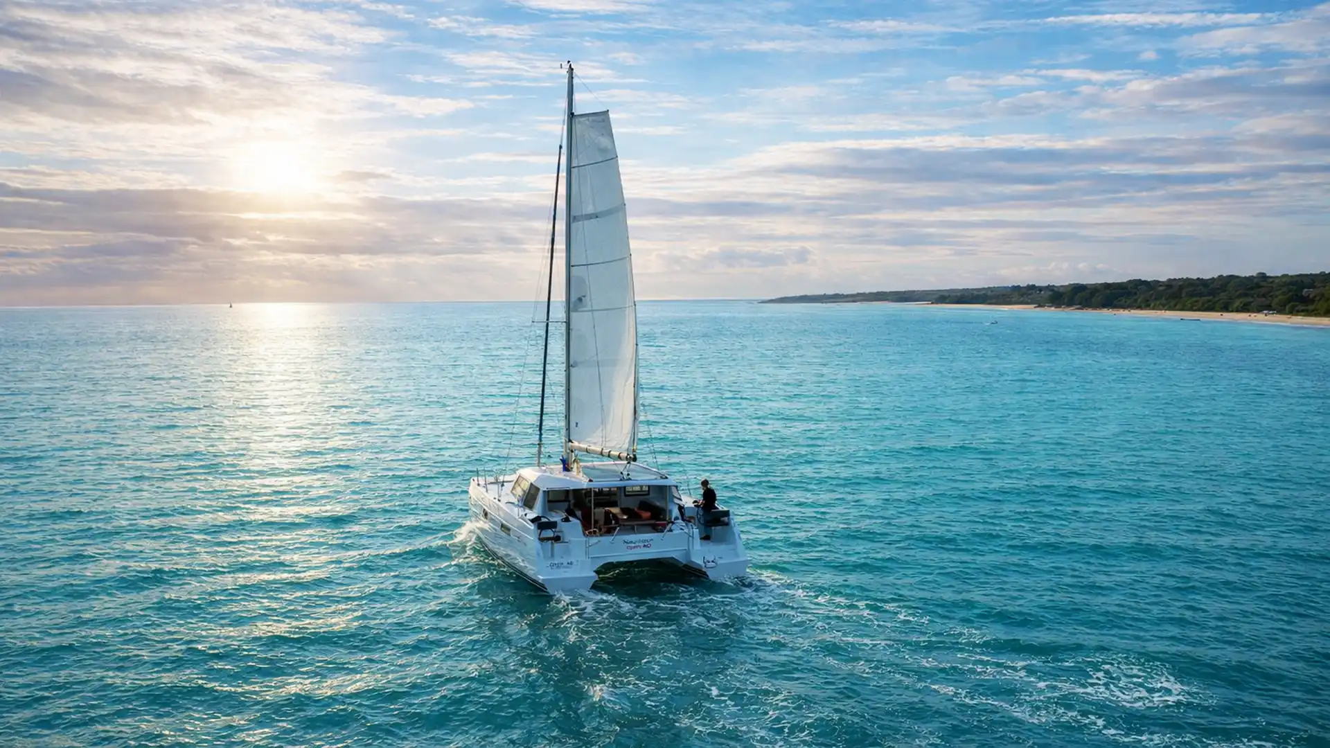 Catamaran naviguant au large de la Guadeloupe lors d’une excursion ou mini-croisière, avec voiles déployées sur une mer turquoise des Caraïbes