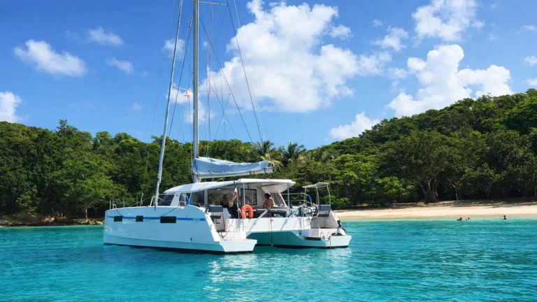 Catamaran au mouillage dans un lagon turquoise en Guadeloupe, face à une plage sauvage et tropicale lors d’une excursion ou mini-croisière