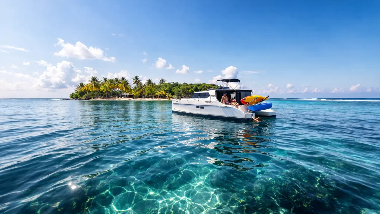Excursion en bateau dans le Grand Cul-de-Sac Marin en Guadeloupe, couple profitant d’un catamaran au mouillage près d’un îlet tropical aux eaux turquoise.