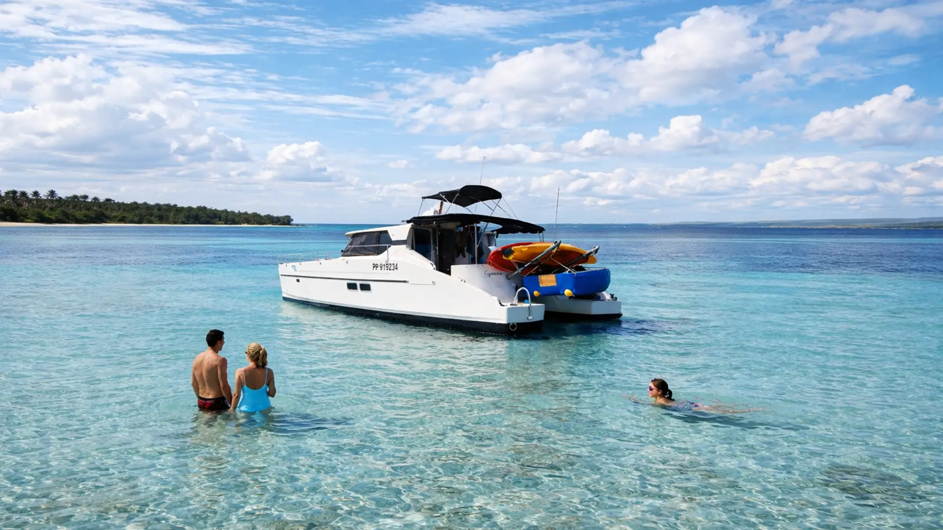 Excursion en bateau dans le Grand Cul-de-Sac Marin en Guadeloupe, famille se baignant dans un lagon turquoise près d’un catamaran au mouillage.