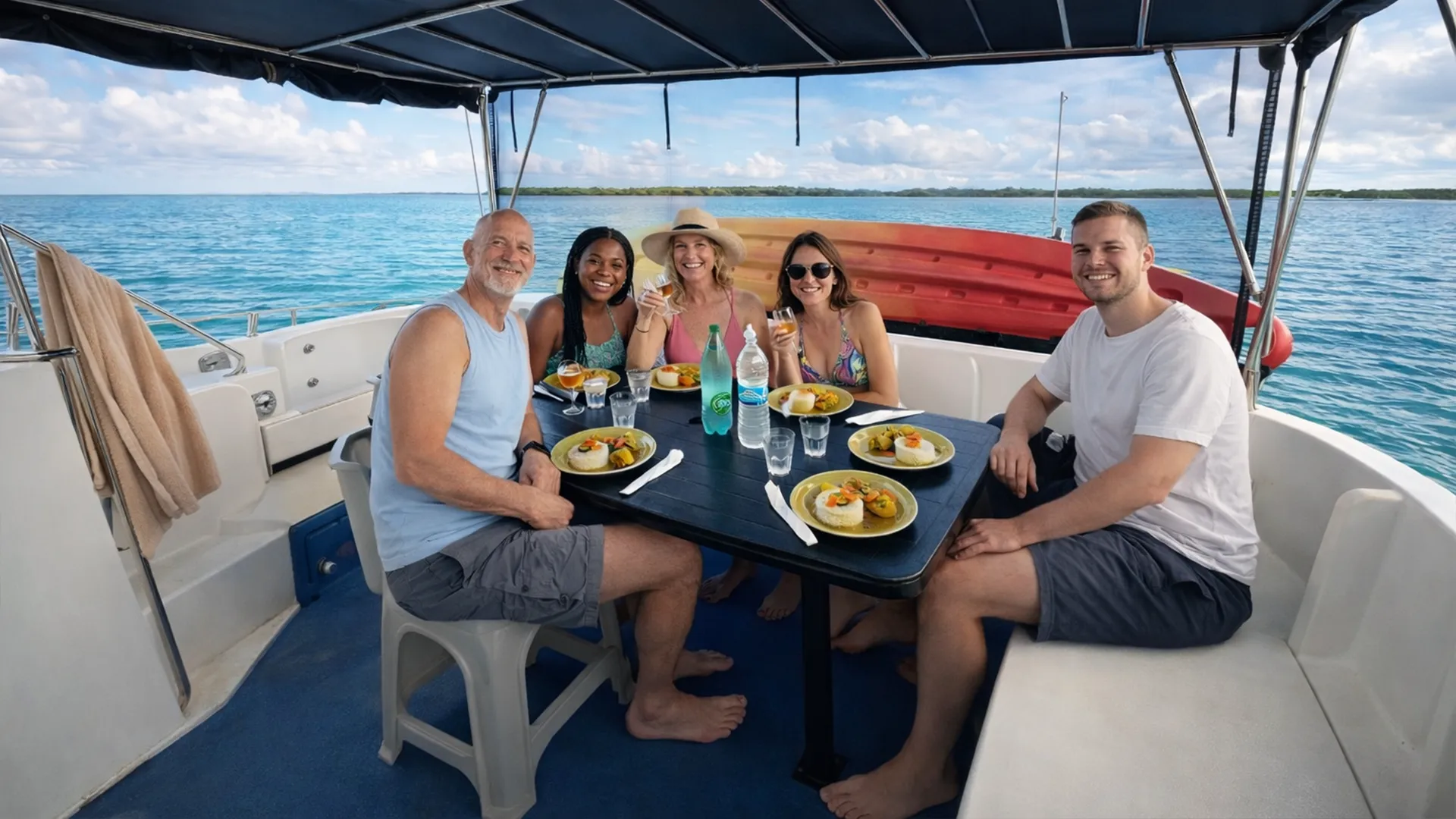 Déjeuner à bord lors d’une excursion en bateau dans le Grand Cul-de-Sac Marin en Guadeloupe, groupe d’adultes partageant un repas face au lagon turquoise.