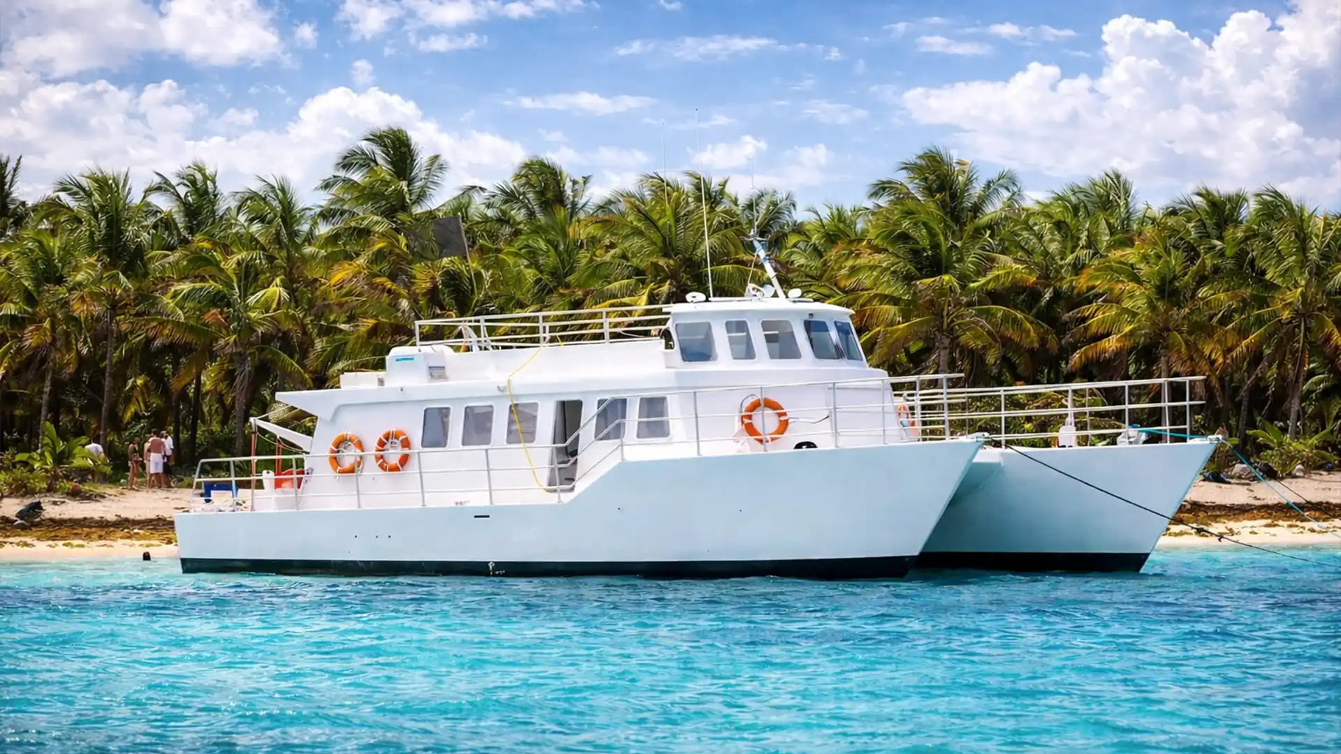 Excursion à Petite-Terre en maxi-catamaran à moteur ancré devant un îlot tropical en Guadeloupe
