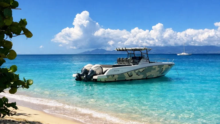 Bateau moteur ancré à Marie-Galante lors d’une excursion privative en Guadeloupe, eaux turquoise et plage de sable clair.