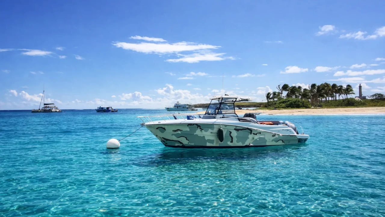 Excursion privative en bateau moteur à Petite-Terre en Guadeloupe, bateau ancré près d’une plage sauvage aux eaux turquoise.