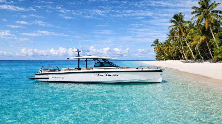 Bateau Lau’Dacieuse, Axopar 37, lors d’une excursion privatisée en Guadeloupe, amarré près d’une plage paradisiaque aux eaux turquoise.