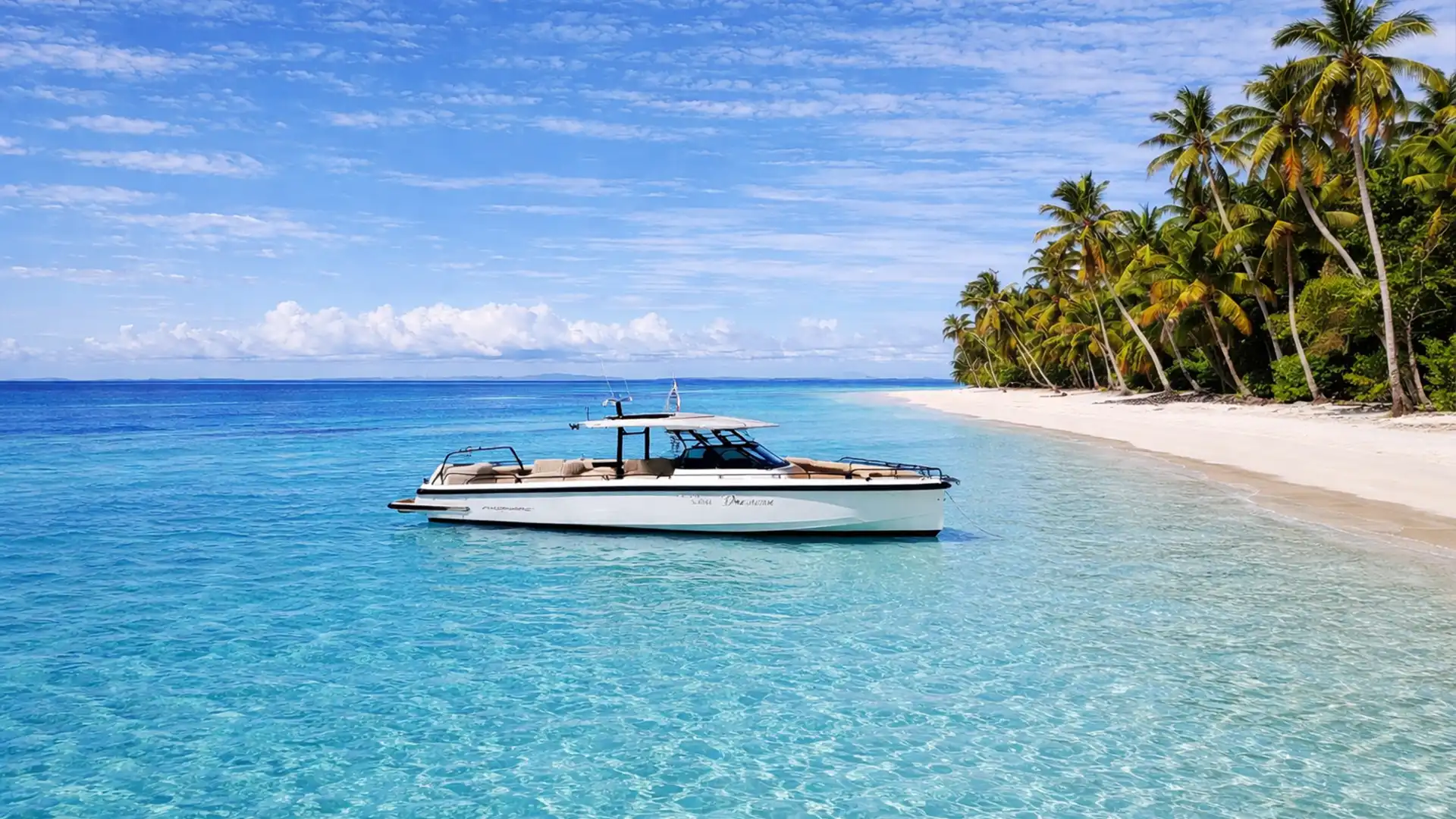 Bateau Lau’Dacieuse, Axopar 37, lors d’une excursion privatisée en Guadeloupe, amarré près d’une plage paradisiaque aux eaux turquoise.