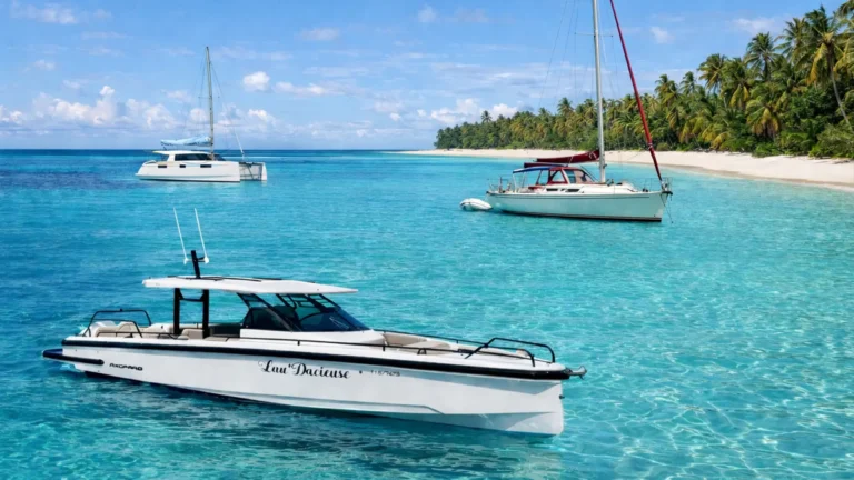 Excursion bateau privée en Guadeloupe avec voilier, catamaran et bateau moteur dans les eaux turquoise de l’archipel guadeloupéen