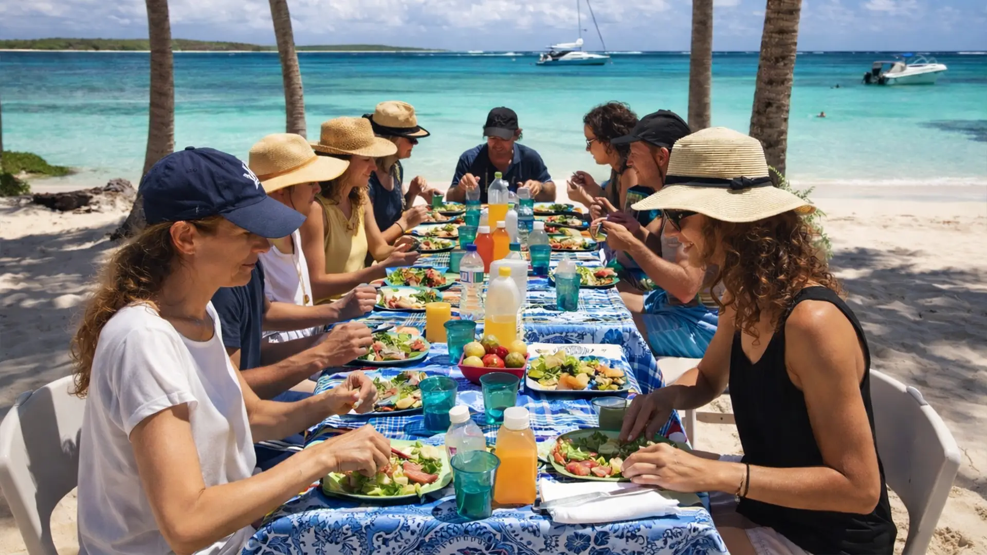 Déjeuner convivial sur la plage lors d’une excursion à Petite-Terre, face au lagon turquoise en Guadeloupe