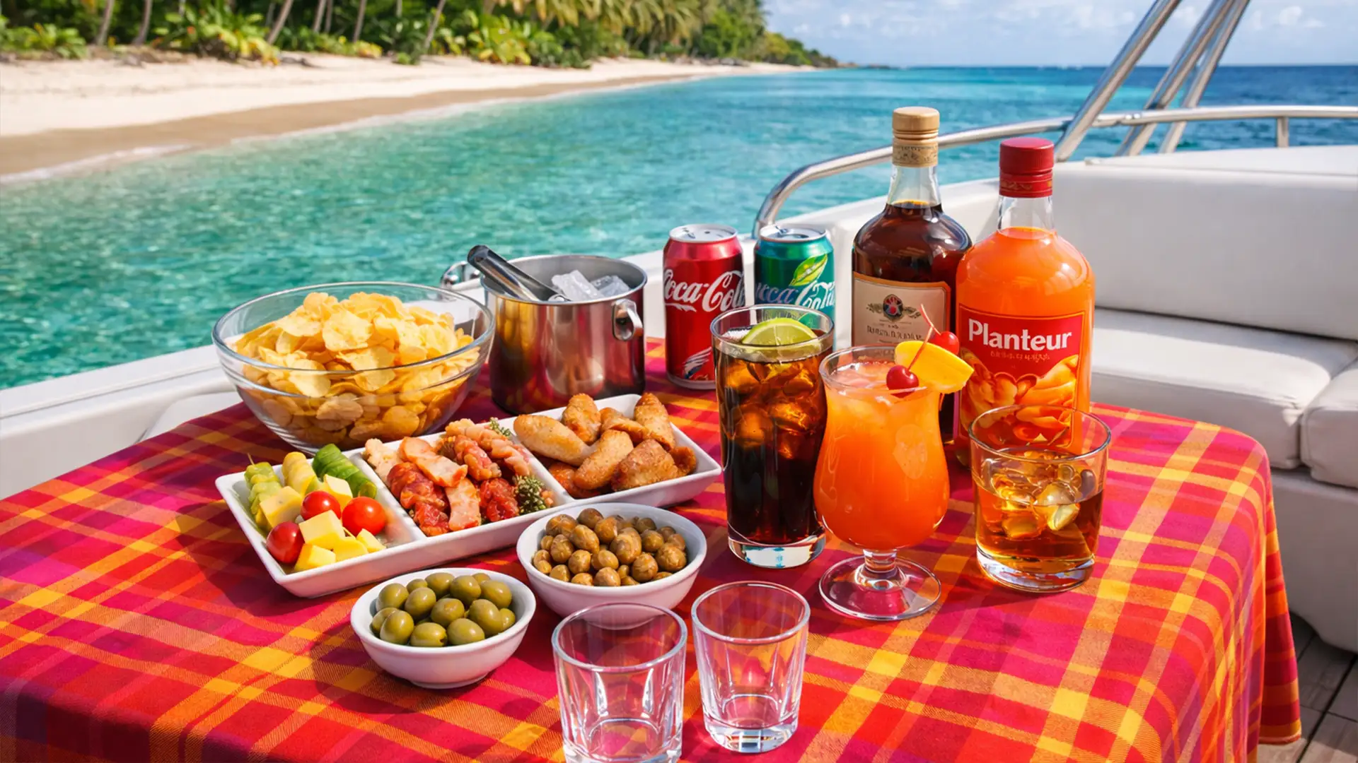 Collation servie à bord d’un speedboat lors d'une excursion à la demi-journée, face à une plage et eau turquoise en Guadeloupe