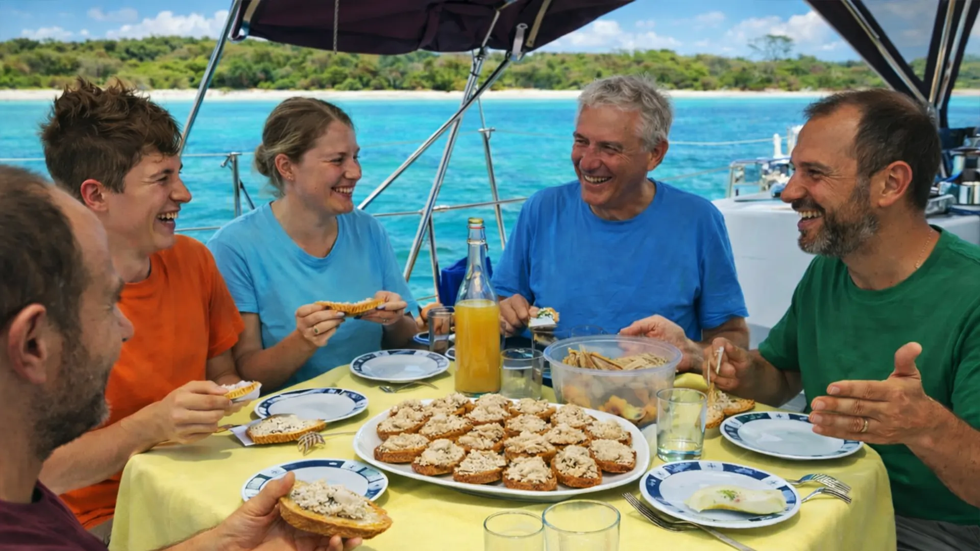 Repas servi dans le cockpit lors d’une excursion à Petite-Terre ou Marie-Galante en croisière dans les îles de Guadeloupe