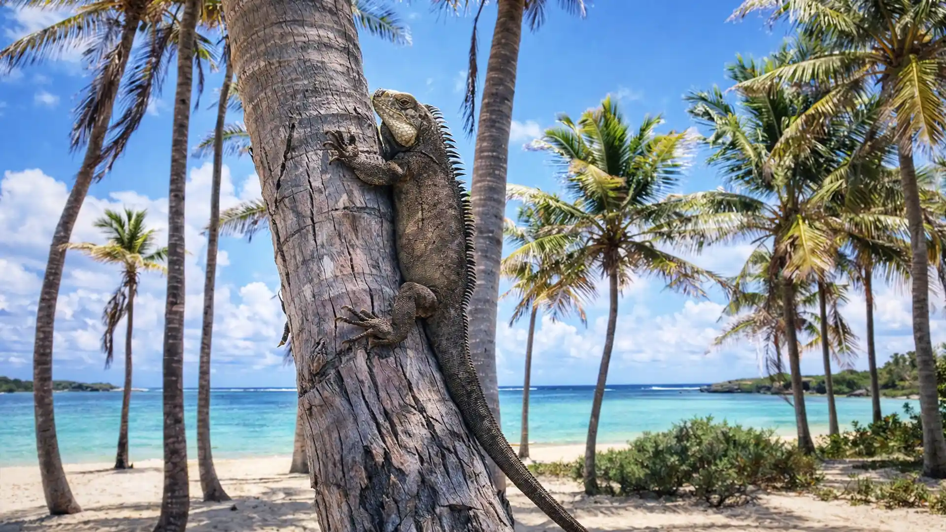 Iguane antillais dans la réserve naturelle de Petite-Terre, sur une plage bordée de cocotiers en Guadeloupe