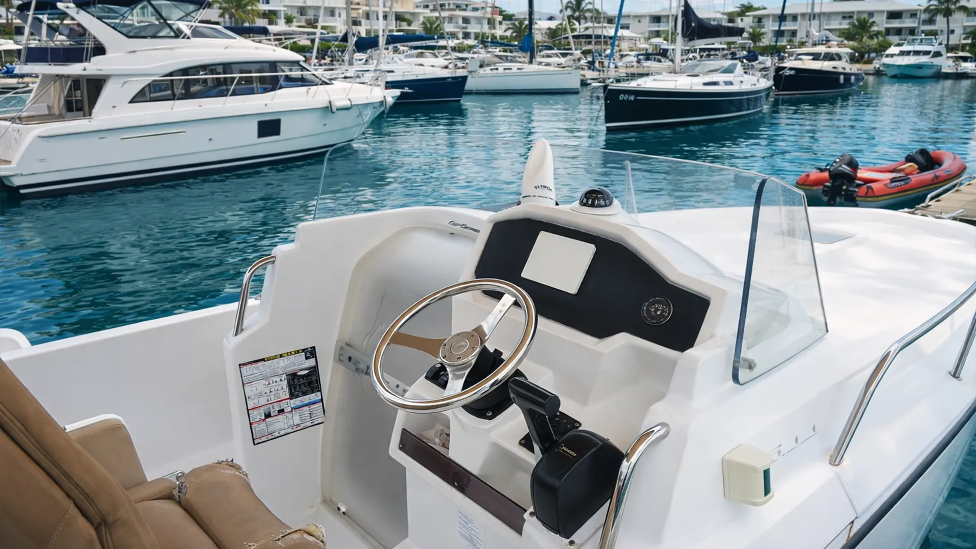 Poste de pilotage dun bateau moteur Cap Camarat 6.5 en Guadeloupe avant une sortie vers Petite-Terre, La Désirade ou une session de pêche au départ de la marina de Saint-François.