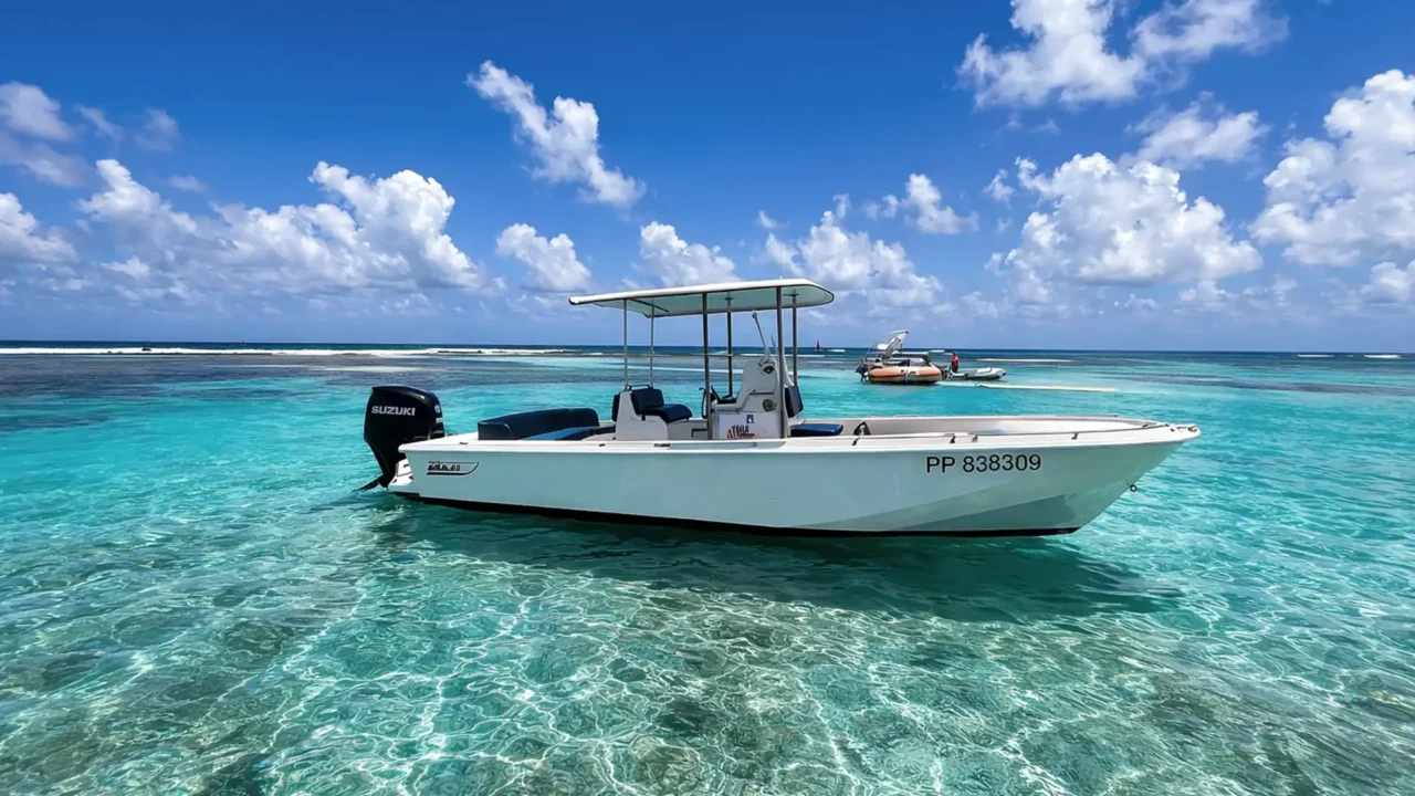 Boston Whaler Modelo Outrage 25 en location dans le lagon turquoise de Guadeloupe près de Saint-François