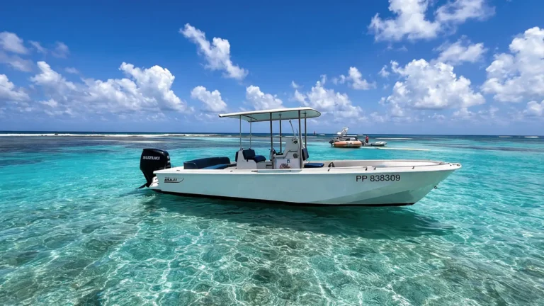Boston Whaler Modelo Outrage 25 en location dans le lagon turquoise de Guadeloupe près de Saint-François