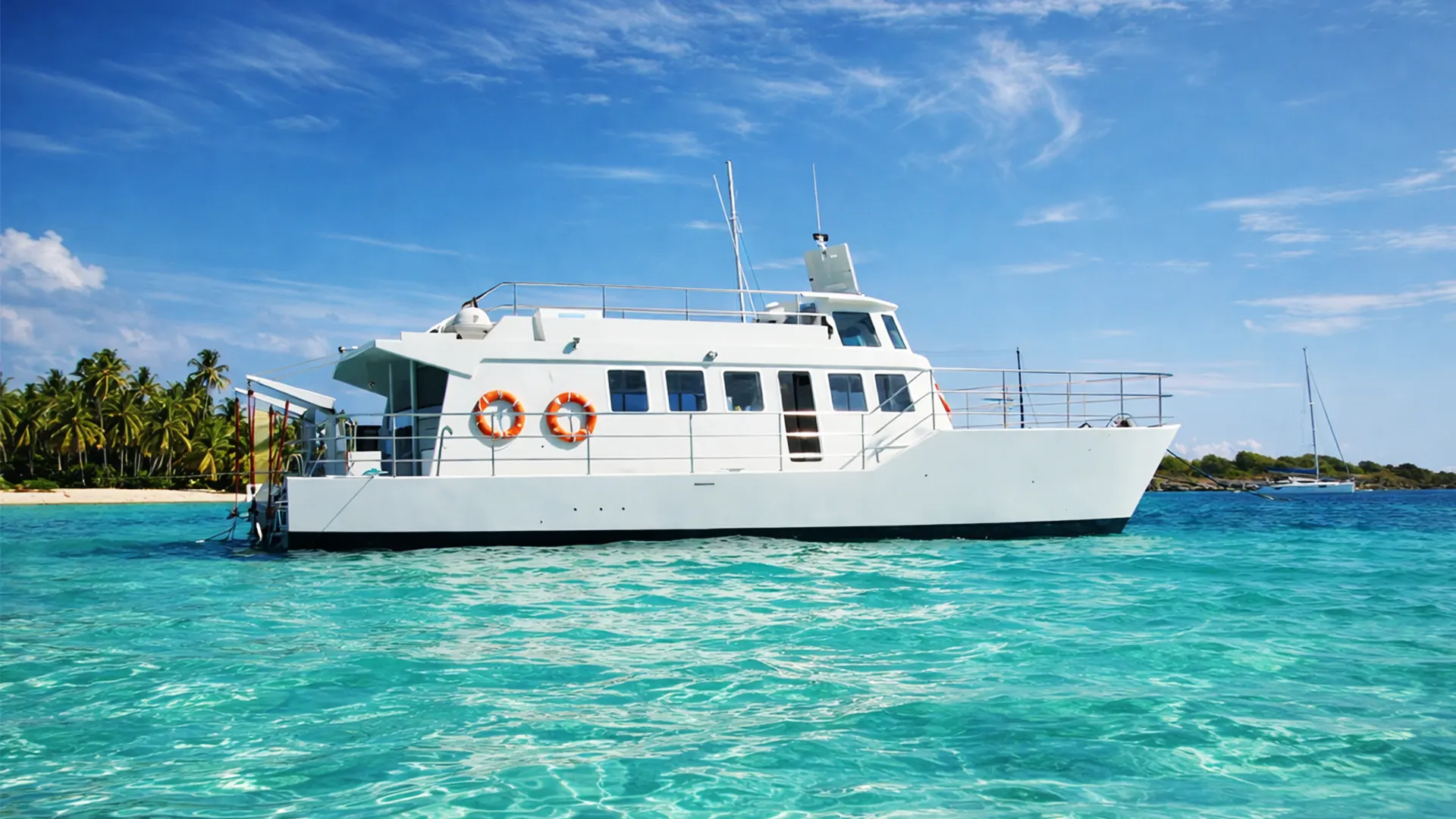 Maxi-catamaran d’excursion blanc ancré dans une eau turquoise cristalline des Caraïbes.
