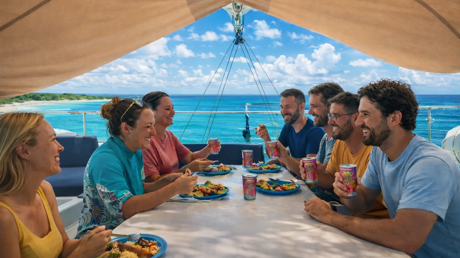 Repas servi à bord lors d’une excursion en maxi-catamaran en Guadeloupe.