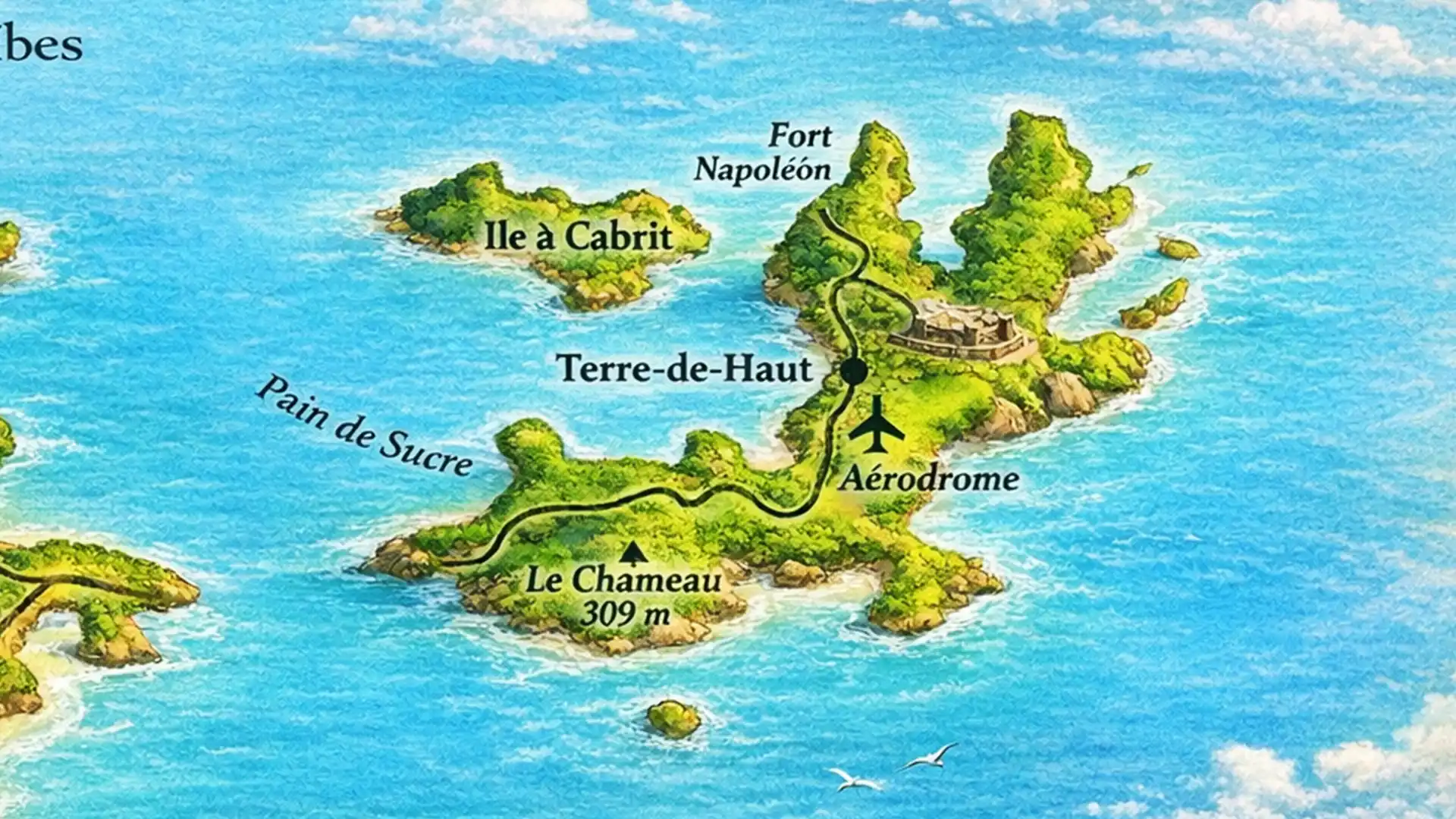Carte illustrée de l’archipel des Saintes montrant Terre-de-Haut, Terre-de-Bas, le Pain de Sucre, l’îlet à Cabrit et les principaux sites de navigation