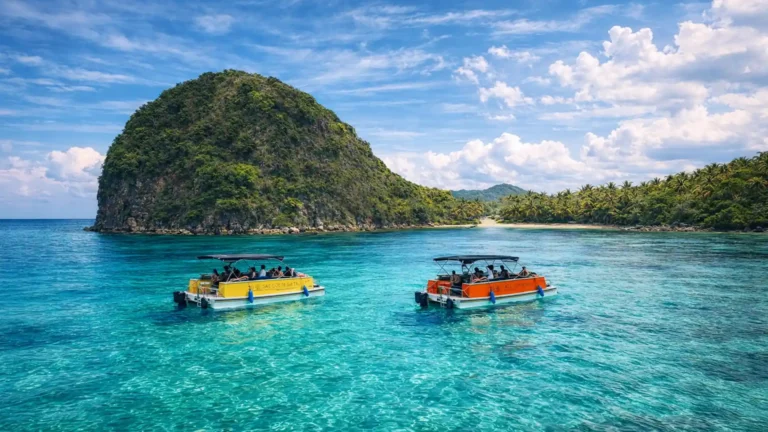 Location de BBQ Party Saloon Boat aux Saintes pour explorer la Baie des Saintes, l'Îlet Cabrit, ou le Pain de Sucre.