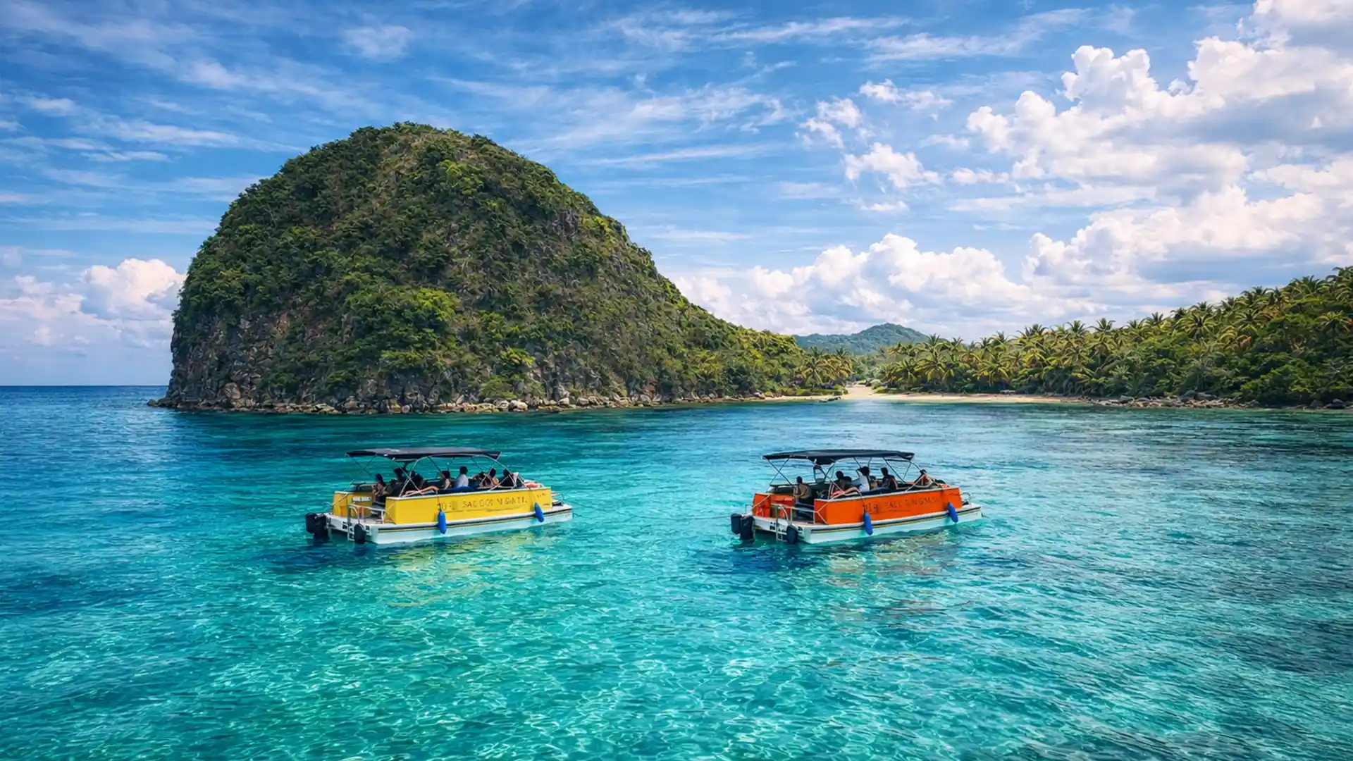 Location de BBQ Party Saloon Boat aux Saintes pour explorer la Baie des Saintes, l'Îlet Cabrit, ou le Pain de Sucre.