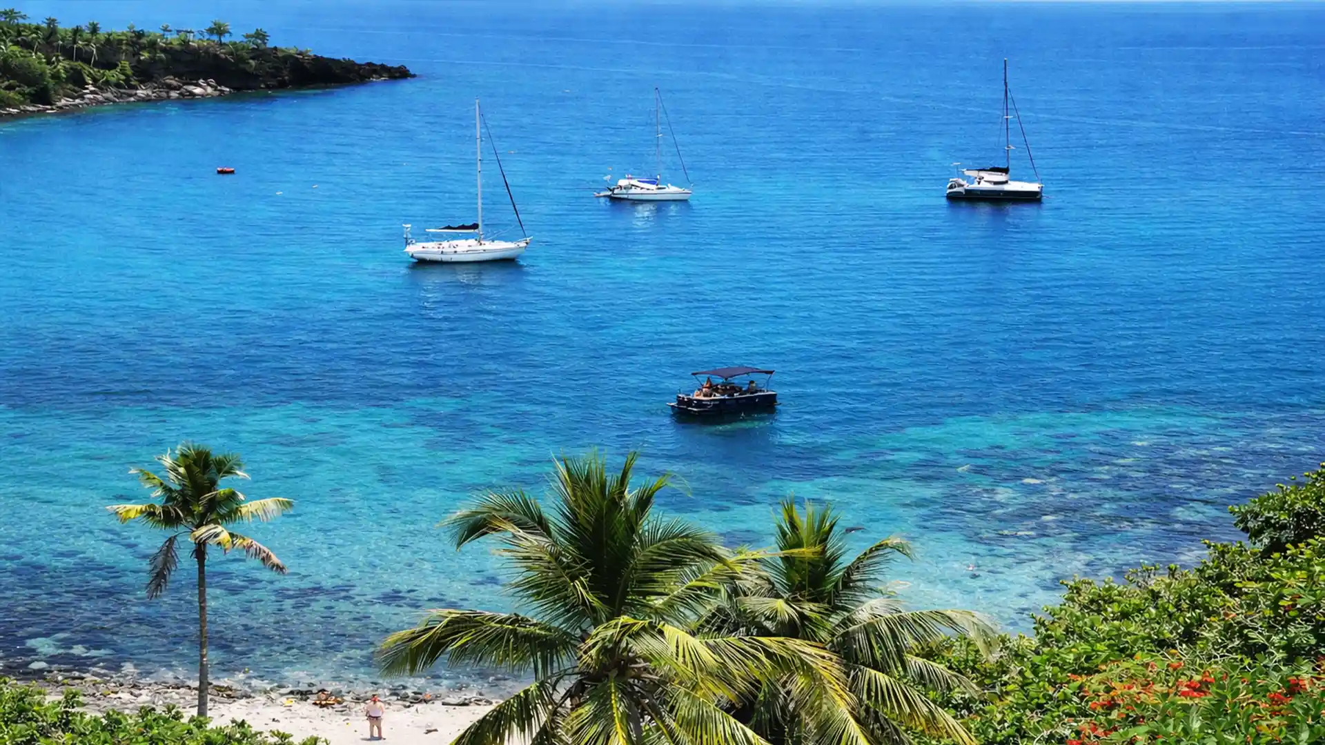 Relax Boat à Bouillante au mouillage dans une eau turquoise, saloon boat convivial face à la côte sous le vent de la Basse-Terre