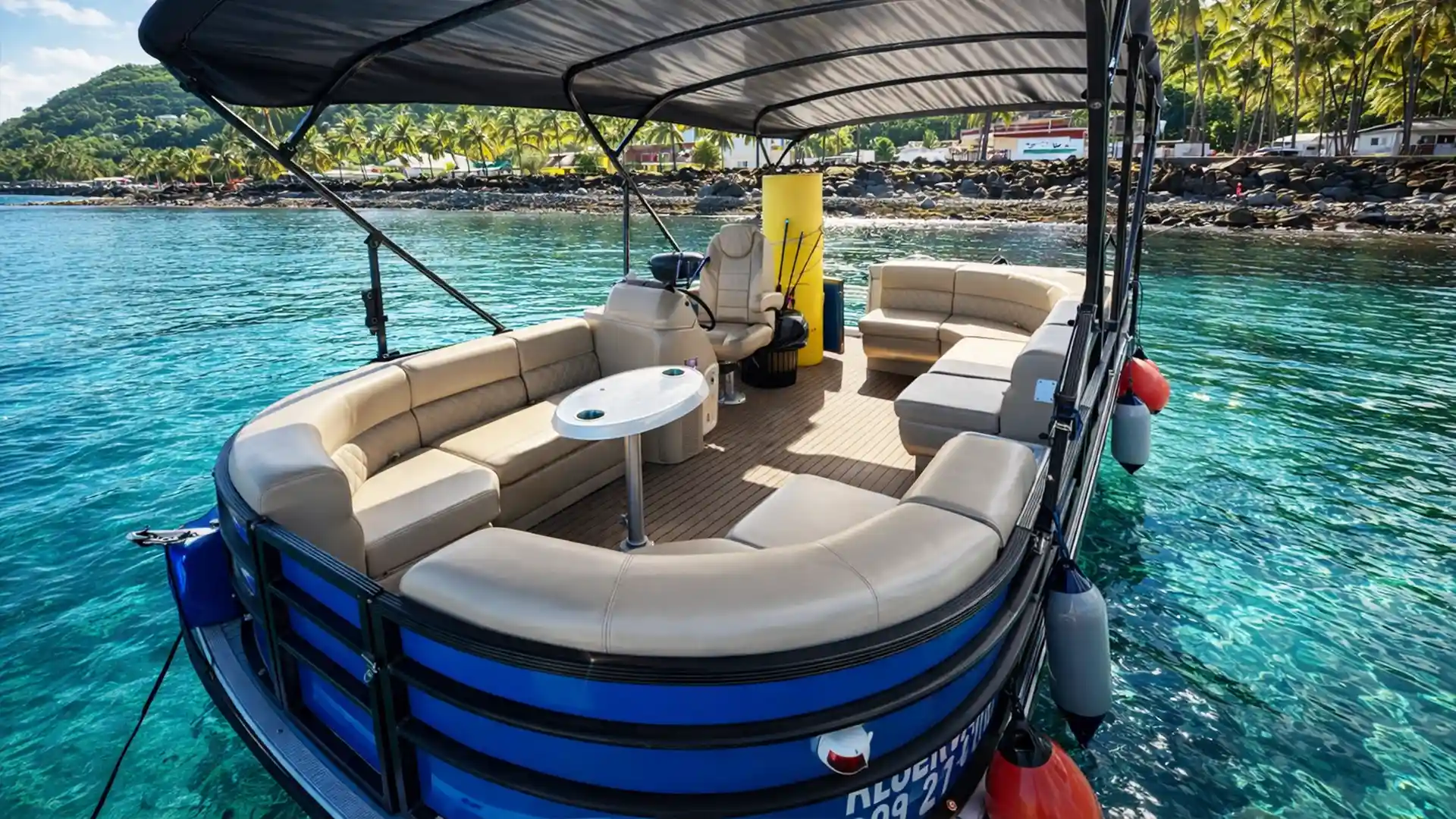 Relax Boat à Bouillante, saloon boat spacieux avec banquettes et table centrale dans une eau turquoise sous le vent de la Basse-Terre