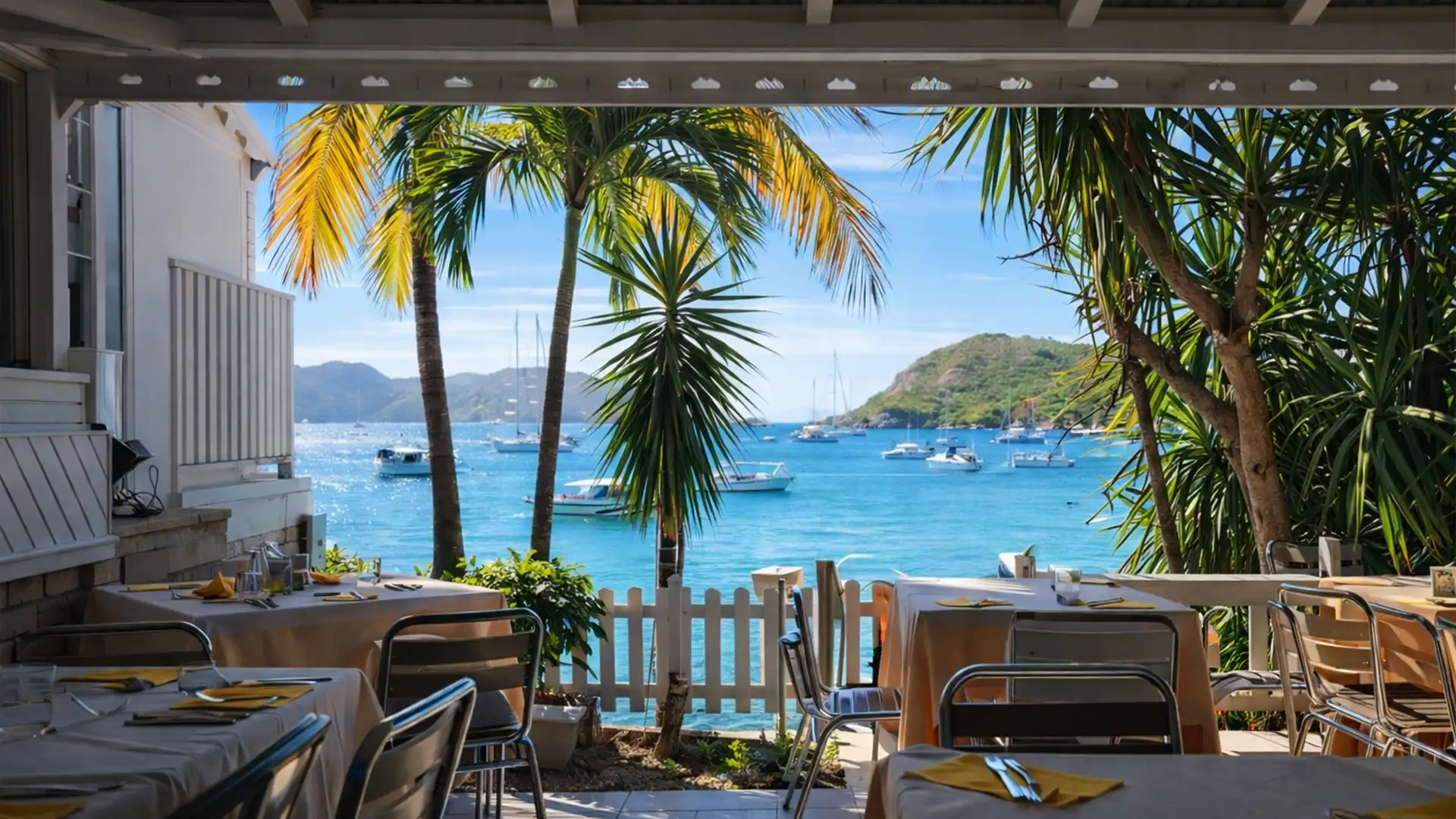 Restaurant en bord de mer aux Saintes en Guadeloupe avec vue sur les voiliers et excursion en bateau