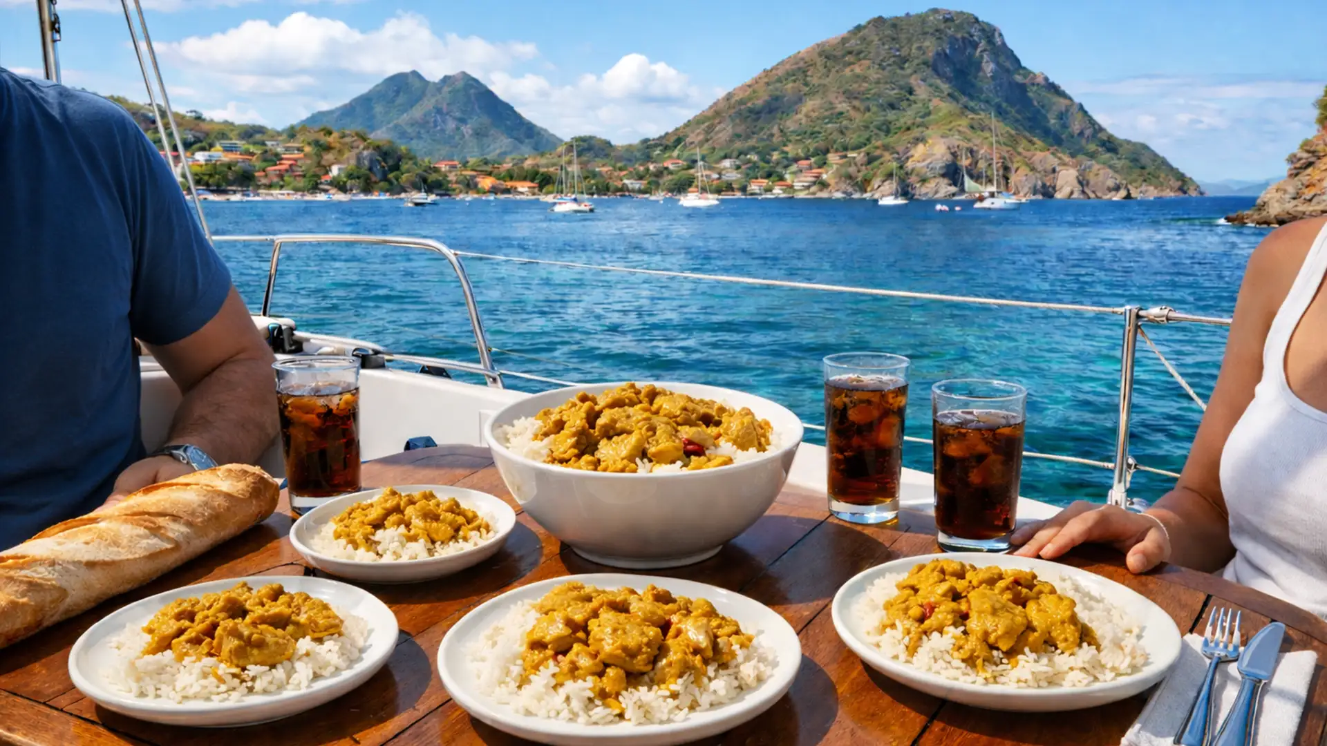 Repas servi à bord d’un voilier lors d’une croisière aux Saintes au départ de Rivière-Sens en Guadeloupe