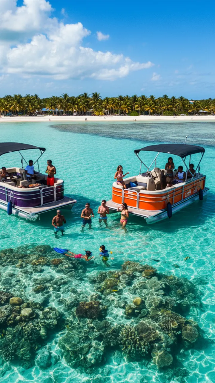 Groupe d’amis sur deux saloon-boats avec barbecue flottant, profitant d’une party dans un lagon turquoise de Guadeloupe, près de Saint-François.