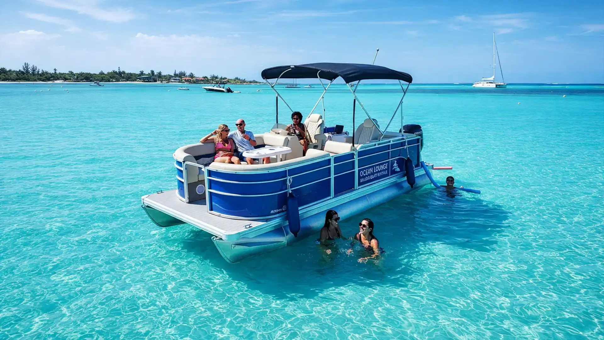 Bateau ponton flottant BBQ Party Saloon Boat dans les eaux turquoises de Port-Louis en Guadeloupe.