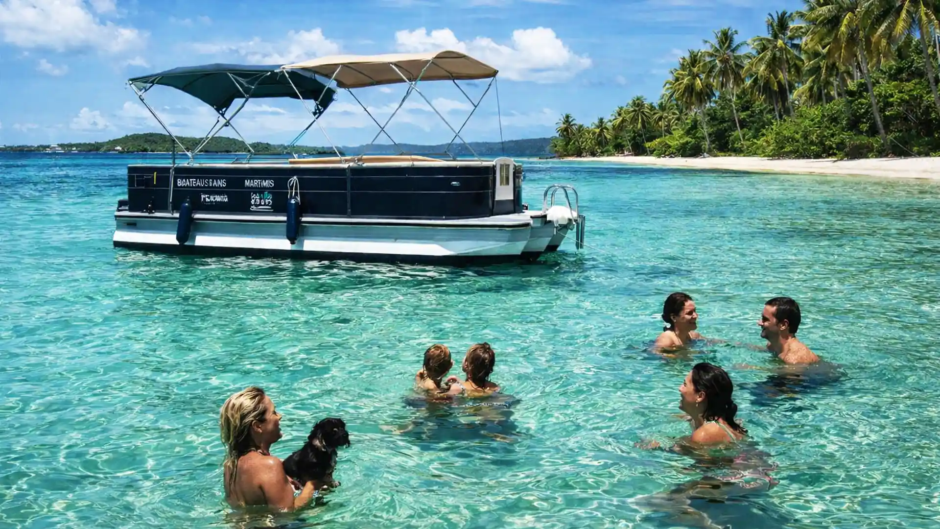 Groupe de personnes se baignant dans une eau turquoise peu profonde autour d’un Saloon Boat noir au mouillage, face à une plage tropicale bordée de cocotiers sous un ciel bleu.