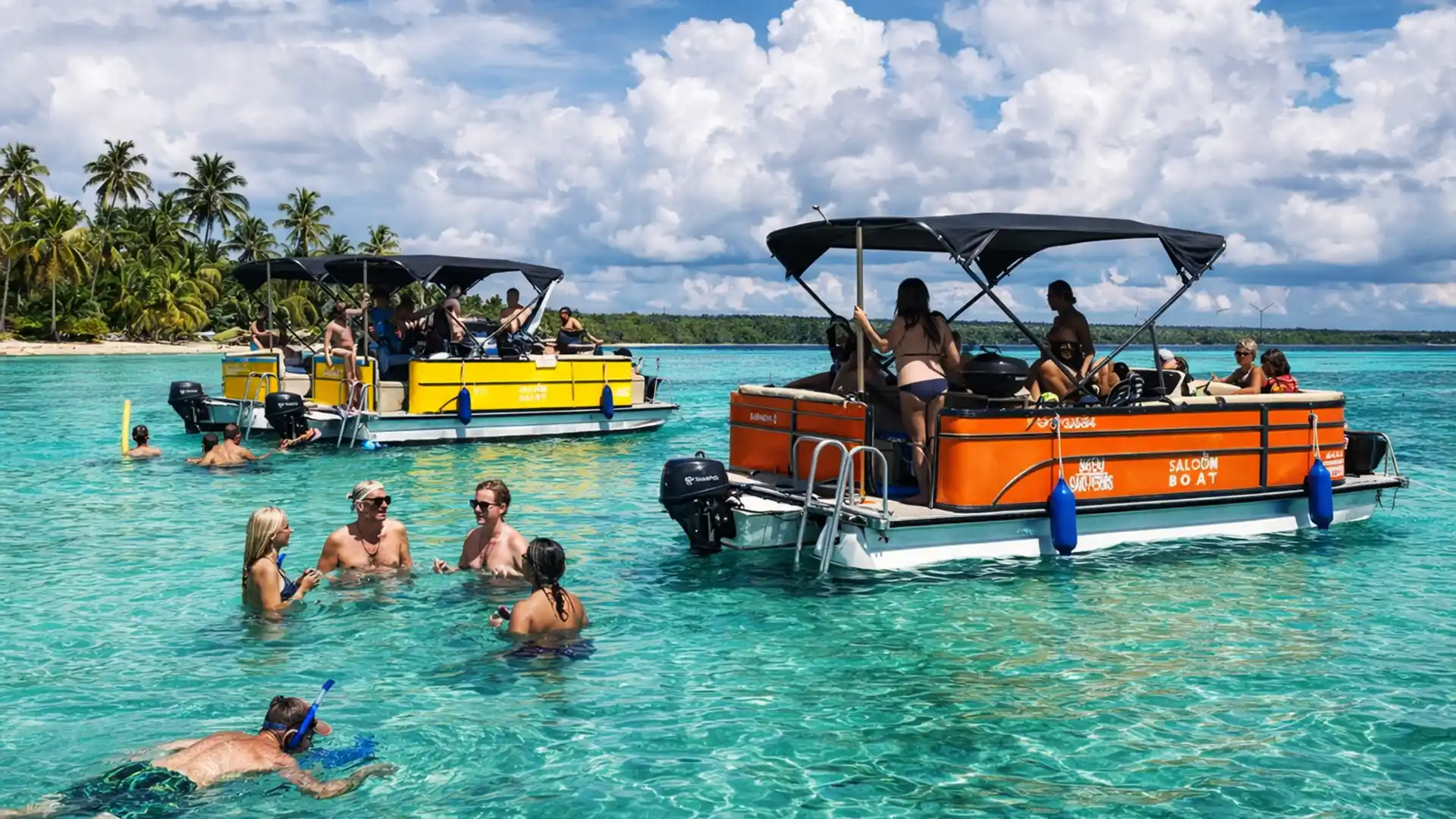 Groupe de Poyoon Saloon BBQ Party Boat ancrés dans une eau turquoise cristalline, avec des vacanciers nageant et discutant autour, dans un décor tropical bordé de palmiers sous un ciel lumineux.