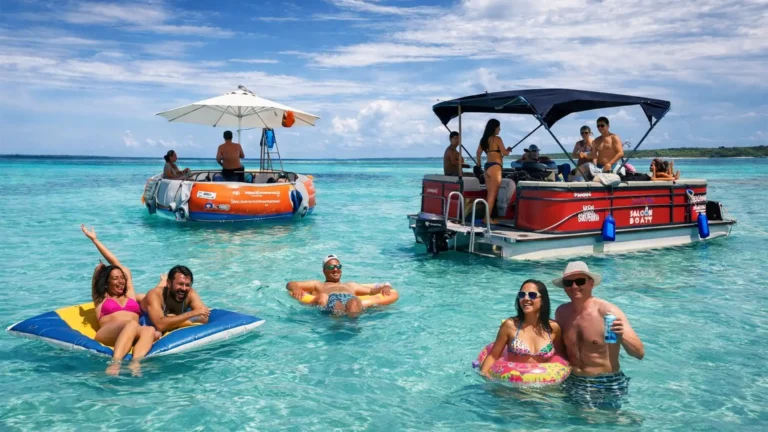 Saloon boat et donuts flottants dans le lagon de Saint-François, eaux turquoise en Guadeloupe