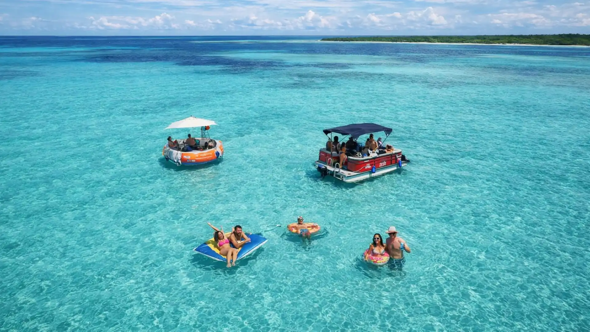 Journée détente en saloon boat ou donuts BBQ boat dans le lagon turquoise de Saint-François en Guadeloupe, baignade et moments conviviaux sur l’eau