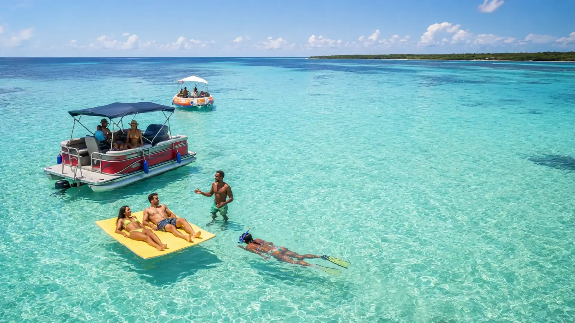 Saloon Boat, BBQ Boat et Donut Boat dans un lagon turquoise en Guadeloupe avec baignade et snorkeling