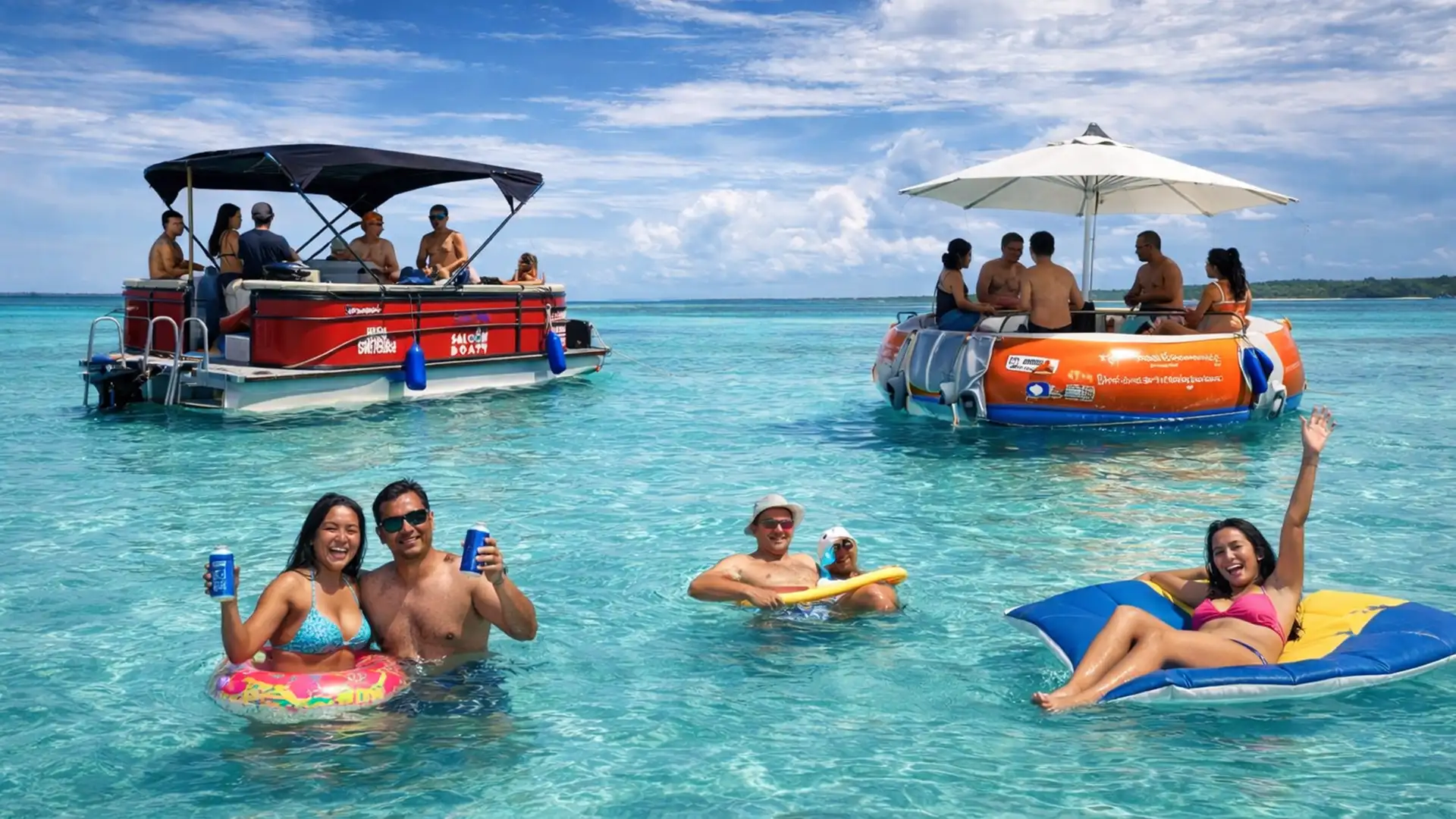 Saloon boat et donuts flottants dans le lagon de Saint-François, eaux turquoise en Guadeloupe