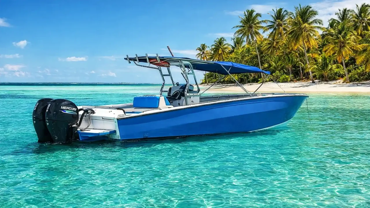 Bateau d’excursion dans le lagon turquoise de Petite-Terre en Guadeloupe, plage de sable clair, cocotiers, au cœur de la Réserve Naturelle.