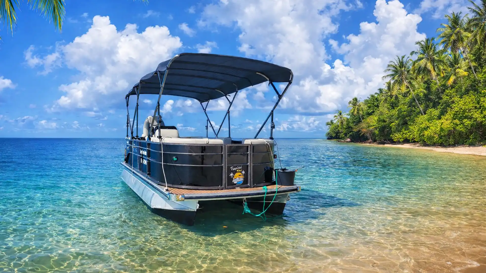 Bateau convivial type saloon boat au mouillage dans une eau turquoise cristalline au Grand Cul-de-Sac Marin, près de Port-Louis en Guadeloupe, cadre tropical idéal pour une journée détente et barbecue sur l’eau.