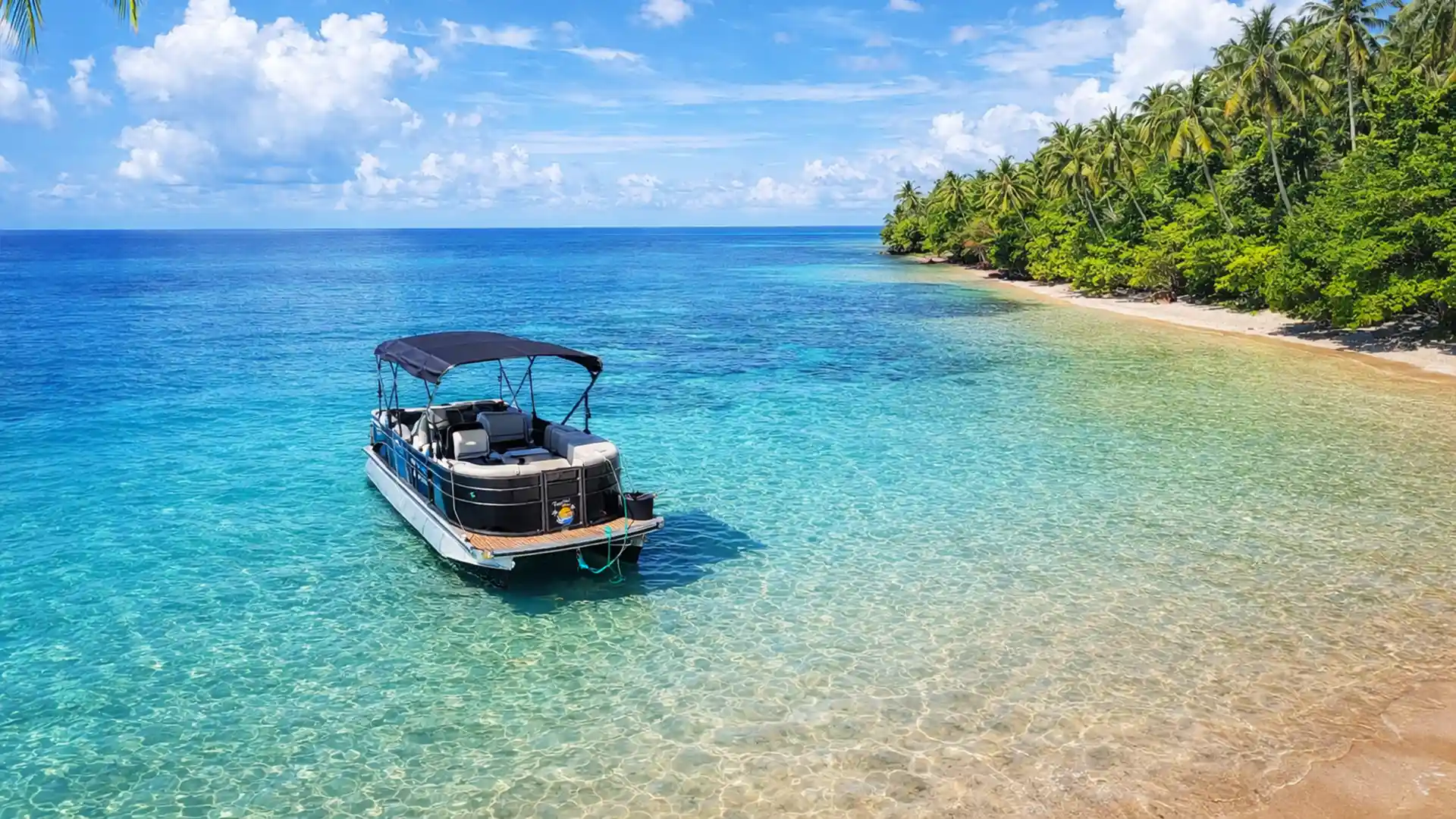 Bateau convivial type saloon boat au mouillage dans une eau turquoise cristalline au Grand Cul-de-Sac Marin, près de Port-Louis en Guadeloupe, cadre tropical idéal pour une journée détente et barbecue sur l’eau.