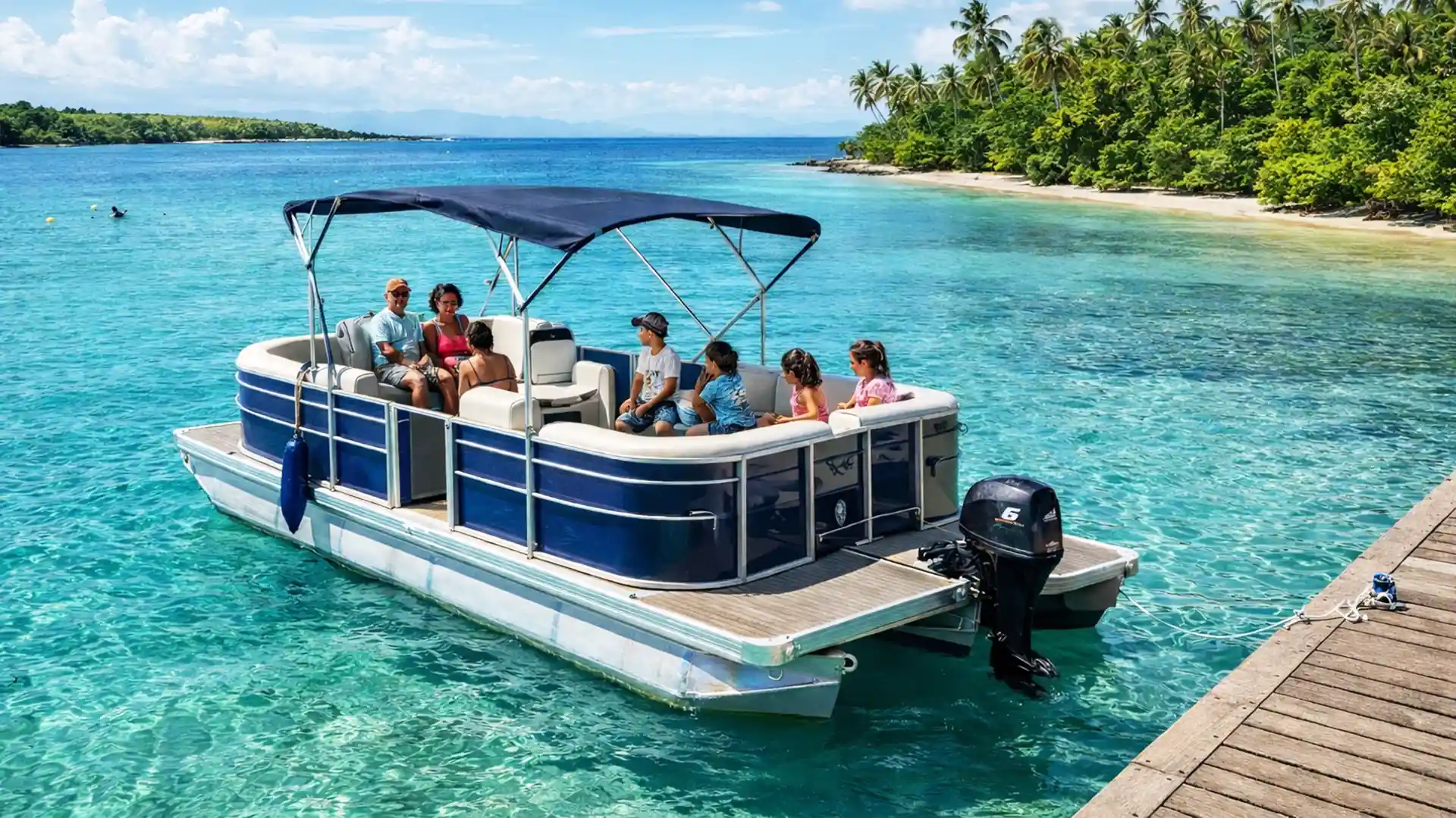 Saloon boat jusque 9 passagers naviguant sur une eau turquoise cristalline dans le Grand Cul-de-Sac Marin, au départ de Port-Louis en Guadeloupe, expérience conviviale idéale en famille ou entre amis