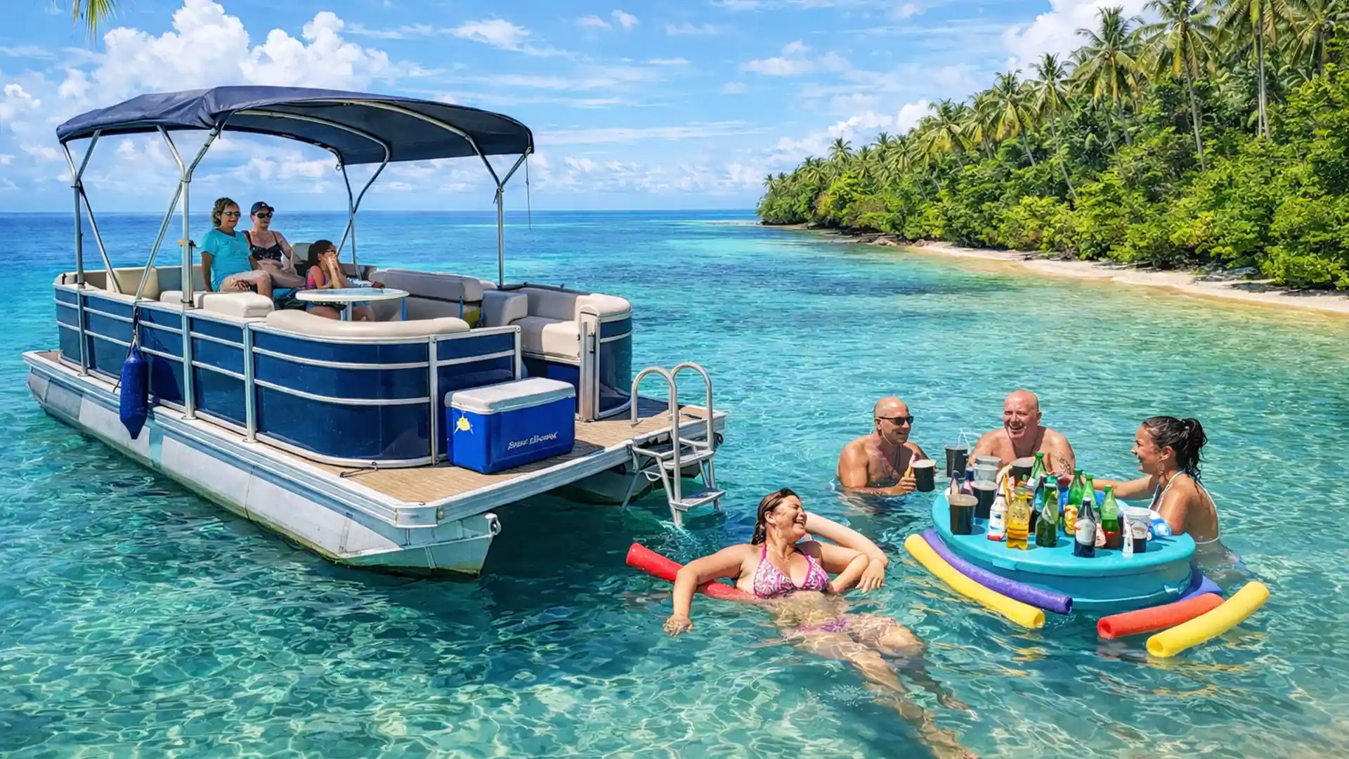 Saloon boat ancré dans une eau turquoise peu profonde du Grand Cul-de-Sac Marin en Guadeloupe, profitant d’un moment convivial entre baignade, détente et apéritif sur l’eau près de Port-Louis