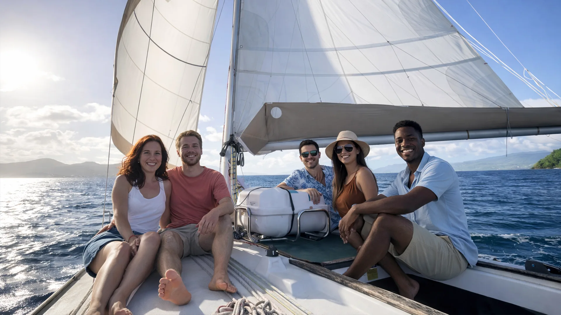 Croisière aux Saintes en voilier au départ de Rivière-Sens en Guadeloupe avec groupe d’amis profitant d’une excursion en mer