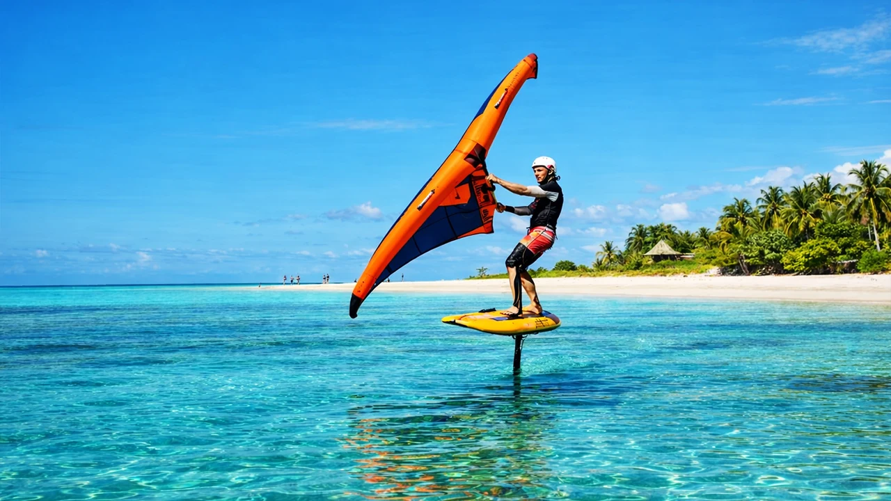 Pratiquant de wingfoil en mer turquoise des Caraïbes